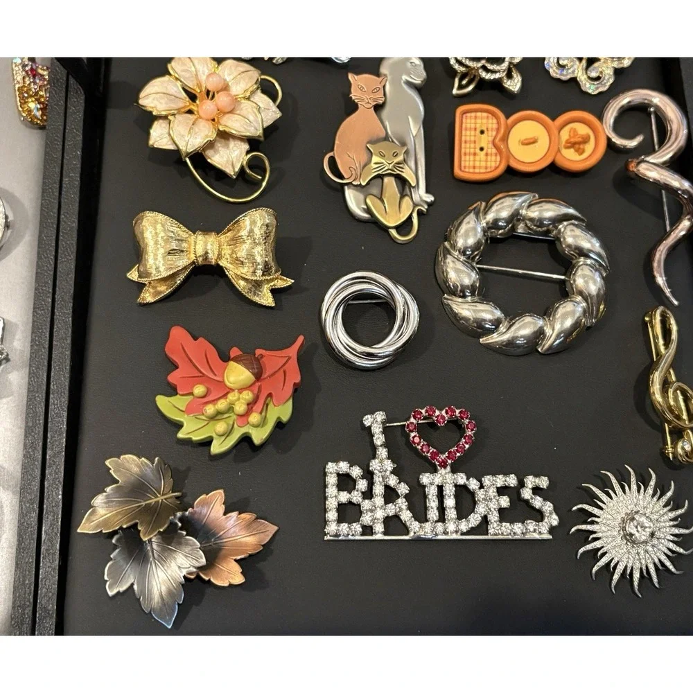 HUGE Vintage - Modern LOT Rhinestone Mixed Material Brooch Pin Some Signed